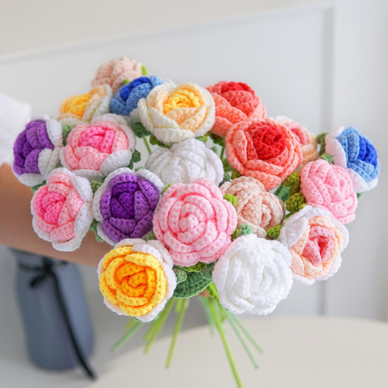 Handcrafted Yarn Flower Bouquet - Realistic Knit Floral Arrangement | Perfect for Home and Office Decor